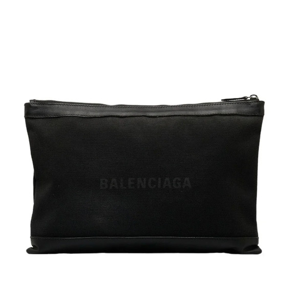 Authentic Balenciaga Navy Clip L Canvas Clutch Bag